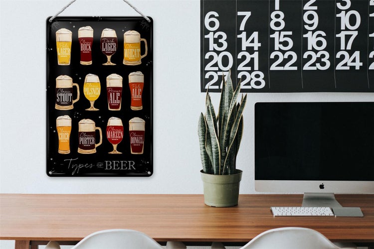Blechschild Spruch 20x30cm Types of Beer Bier Sorten schwarz
