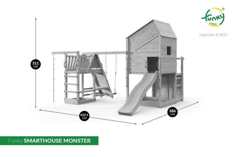 Holz-Spielturm mit Spielhaus, Rutsche, Schaukeln und Kletterwand. Maße: Höhe 311 cm, Breite 422,5 cm, Tiefe 386 cm. Funky Combo Logo.