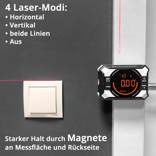 STAHLWERK Logo Digitaler Winkelmesser mit Laserfunktion zur horizontalen und vertikalen Ausrichtung