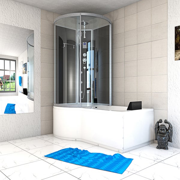 Dusch-Badewannen-Kombination aus weißem Acryl mit Glaskabine und Massagedüsen in einem hellen, modern gefliesten Badezimmer.