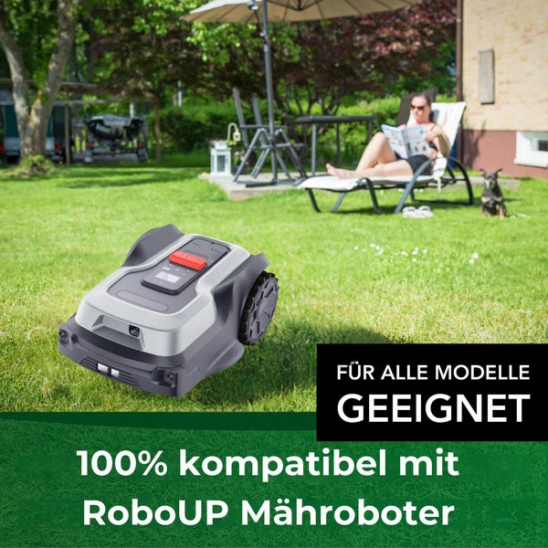 Rasenroboter auf einer Wiese mit einer Frau auf einer Liege und einem Hund. Geeignet für alle Modelle. 100 Prozent kompatibel mit RoboUP Rasenroboter.
