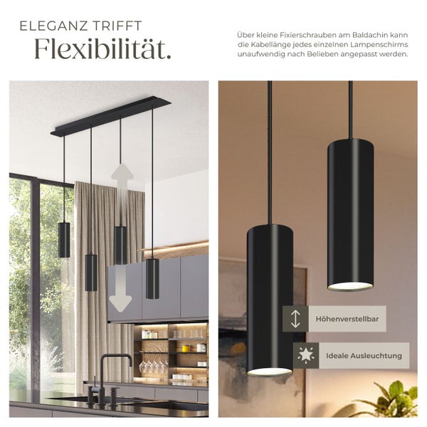 Schwarze Pendelleuchte mit höhenverstellbaren Lampenschirmen in einer modernen Küche