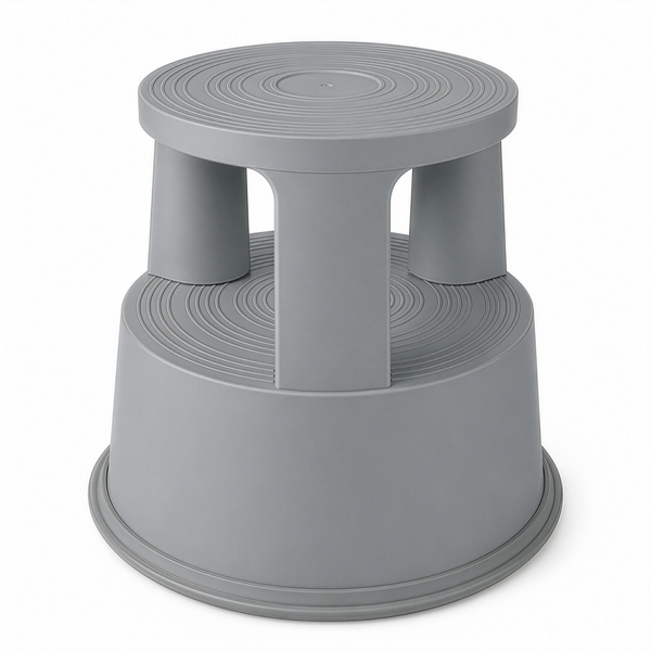 Grauer Rolltritt aus Kunststoff mit zwei Stufen und konzentrischer Rillenstruktur auf den Trittflächen.