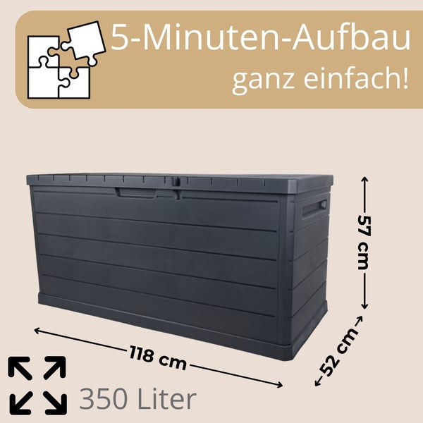 Graue Gartenbox mit den Maßen 118 mal 52 mal 57 Zentimeter und einem Fassungsvermögen von 350 Litern