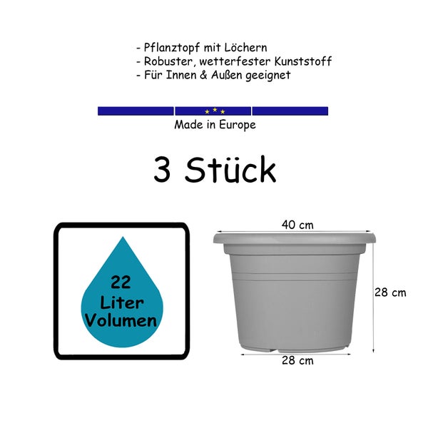 AC 3x Blumentopf Ø 40 cm Farbe Terrakotta Kunststoff Pflanztopf Containertopf Übertopf Pflanzkübel rund 40 x 28 cm