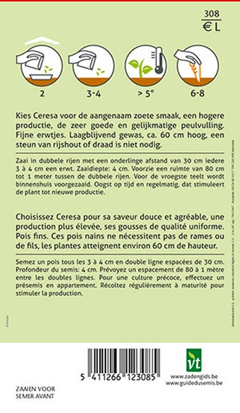 Ceresa Erbsensamen Packungsrückseite mit Anweisungen