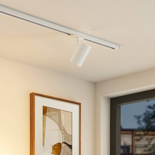 Modernes Schienensystem mit einem zylindrischen Strahler an der Decke eines hellen Zimmers mit eingerahmtem Bild.