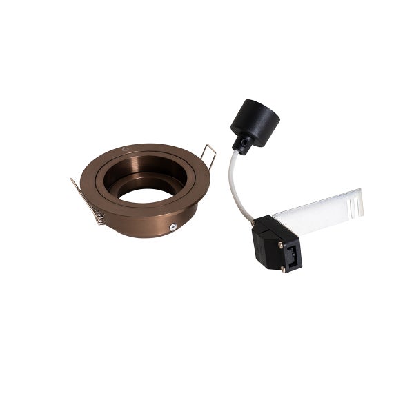 Einbaustrahler-Set aus Metall mit rundem Rahmen in Bronze-Optik, separater Fassung, Kabel und Anschlussbox.