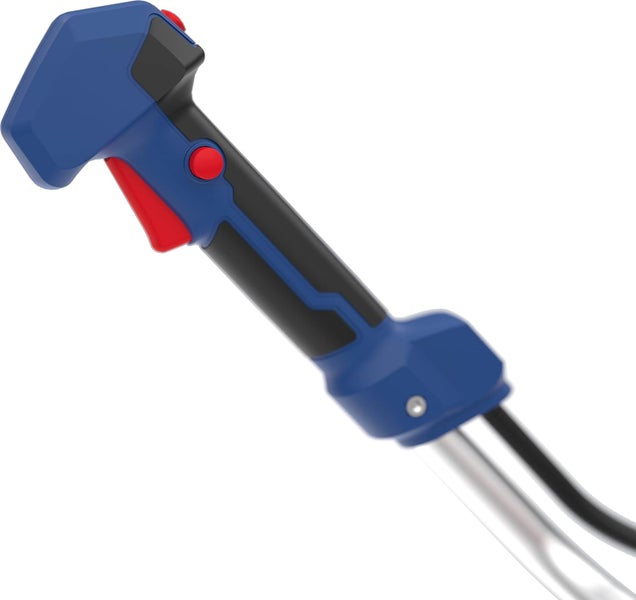 Ergonomischer Handgriff für Trimmer aus Kunststoff in Blau und Schwarz mit rotem Gashebel.