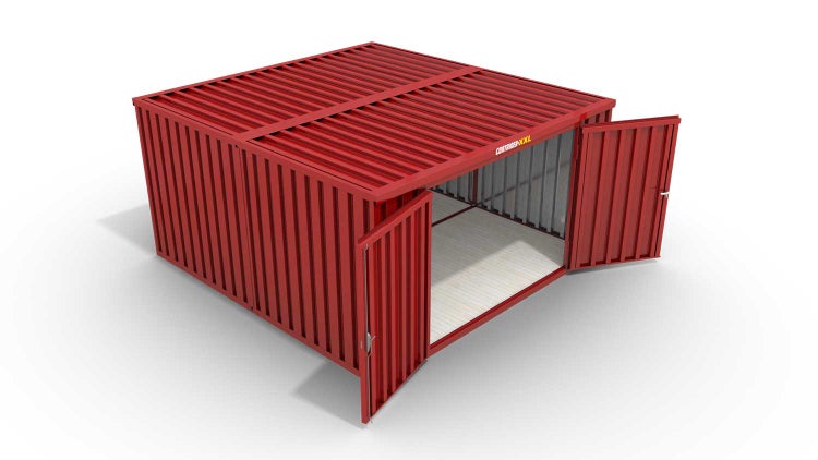 Lagercontainer Gerätehaus M2  – 12 qm, H2150 x B3050 x T4340 mm, Außenwandlackierung RAL 3000 feuerrot, Dach außen verzinkt, mit Holzfußboden, 2750 mm Doppelflügeltür mittig in Stirnseite, montiert