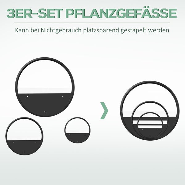 Dreiteiliges Set runder Wandpflanzgefäße, die platzsparend ineinander gestapelt werden können.