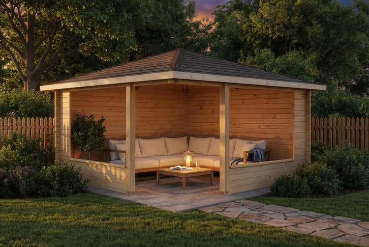 Gartenpavillon aus Holz mit Walmdach, Eck-Lounge-Sofa mit hellen Kissen und Couchtisch in einem Garten bei Abenddämmerung.