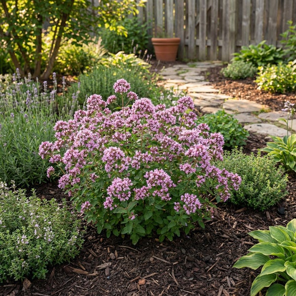 Blühender Dost Origanum vulgare mit rosa Blüten in einem Gartenbeet mit Rindenmulch, umgeben von anderen Kräutern und einem Steinweg.