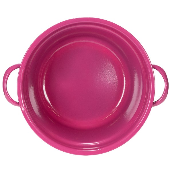 Top-Ansicht einer runden, emaillierten Schüssel mit Griffen