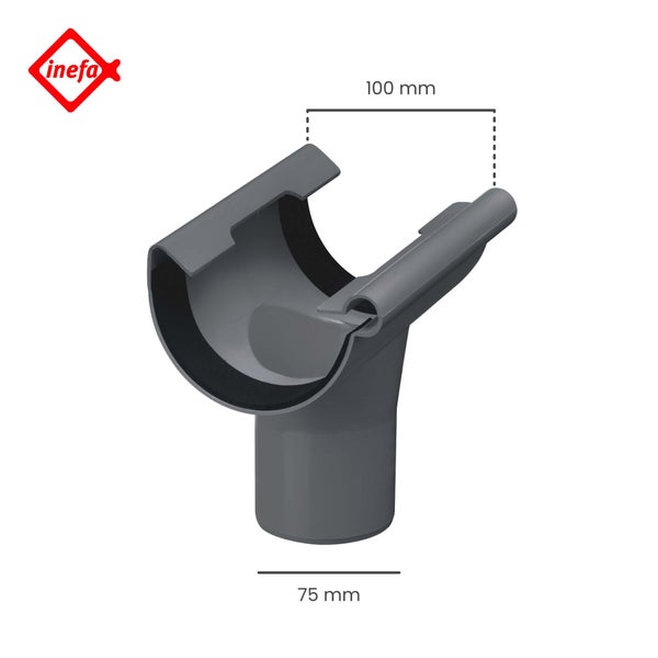 Inefa Logo. Grauer Rinnenstutzen aus Kunststoff, Nennweite 100 Millimeter, Ablauf 75 Millimeter.