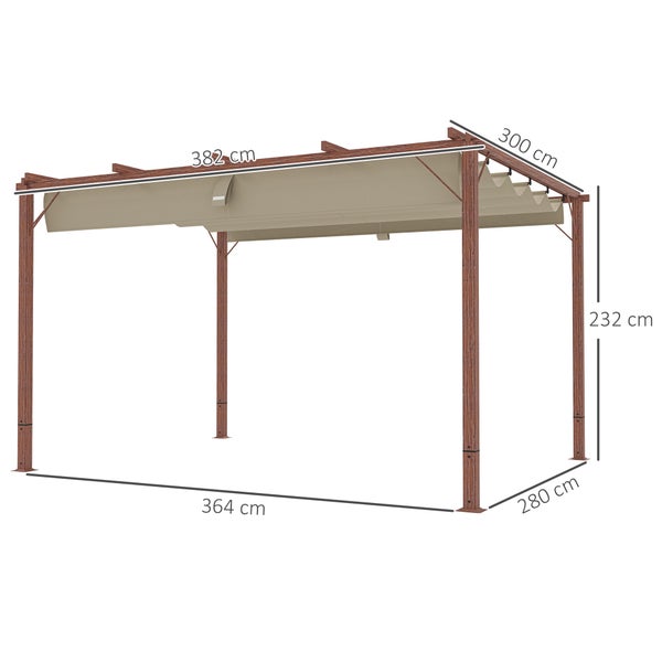 Outsunny Pergola ca. 3x4m Garten Pavillon mit magnetischen Pad, Terrassendachung aus Aluminium, Gartenpavillon mit verstellbares Dach, Freistehend, UV Schutz 30+, für Terrasse und Garten, Naturholz
