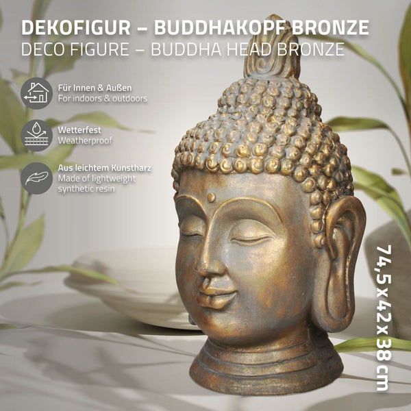 ECD Germany Buddha Figur Kopf Statue 74,5 cm, aus Polyresin, Bronzeoptik, für Yoga, Feng Shui oder Meditationsraum, Haus, Wohnung & Garten, Innen/Außen, Dekoration Deko Skulptur Dekofigur Gartenfigur