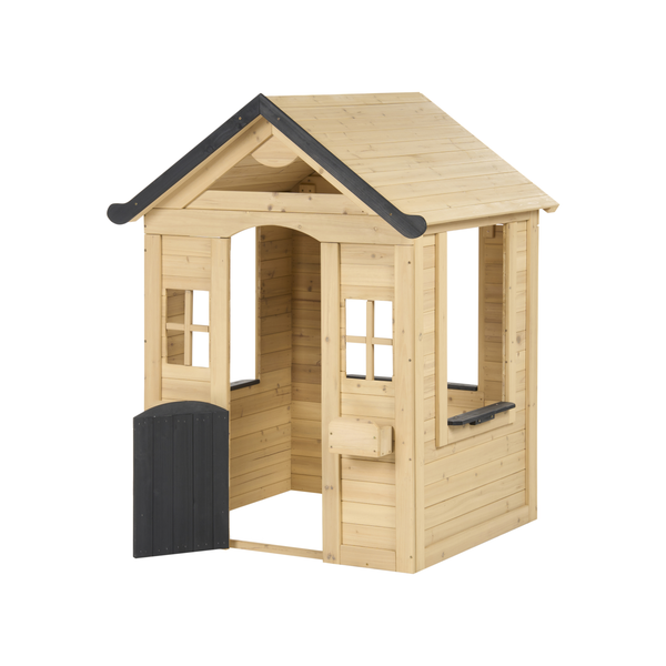 Kinderspielhaus aus hellem Holz mit Satteldach, kleiner schwarzer Tür, Fenstern und Blumenkasten.