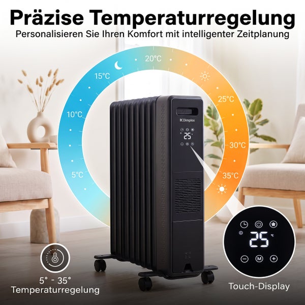 Mobiler Ölradiator von Dimplex mit digitalem Touch Display zur präzisen Temperatureinstellung zwischen 5 und 35 Grad Celsius.