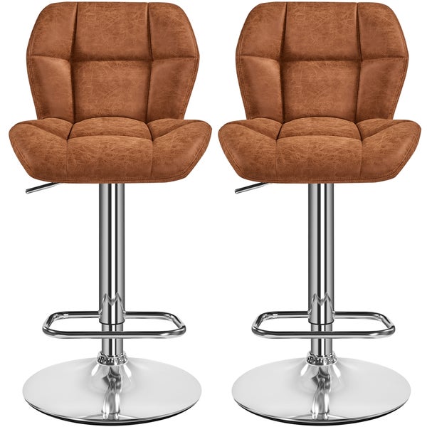 Zwei Barhocker mit gepolstertem Sitz und Rückenlehne sowie verchromtem Fuß