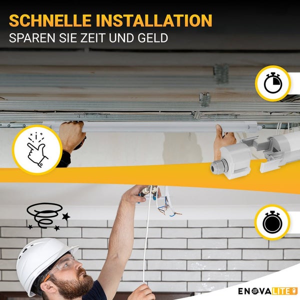 Schnelle Installation einer Lampe dargestellt, mit dem Enovalite Logo.