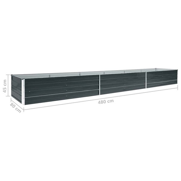 Rechteckiges Hochbeet aus Metall in Dunkelgrau, Abmessungen 480 x 80 x 45 Zentimeter.
