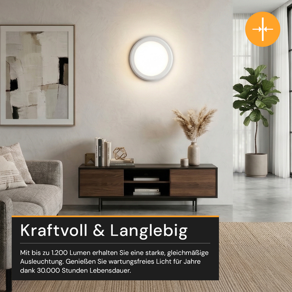 Modernes Wohnzimmer mit flacher LED-Wandleuchte über einem Sideboard, gleichmäßige Ausleuchtung mit 1.200 Lumen, minimalistisches Design.