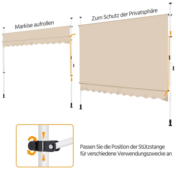 Illustration einer ausrollbaren Markise und eines Sichtschutzes mit verstellbarer Stützstange
