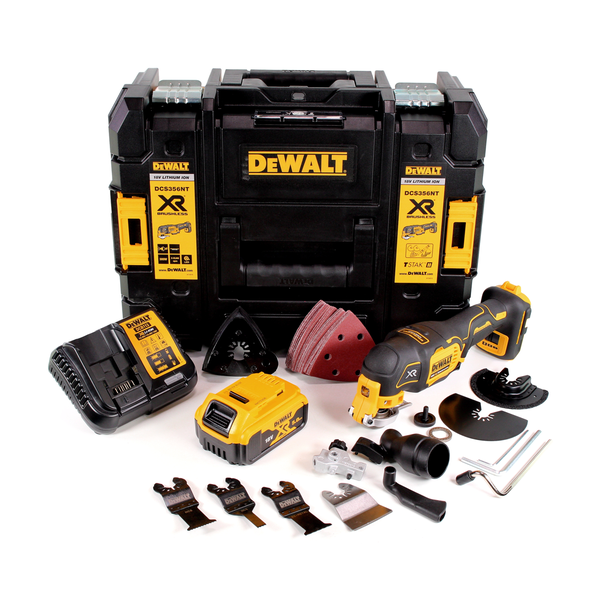 DeWalt 18 Volt Akku-Multitool-Set inklusive Systemkoffer, Akku, Ladegerät und umfangreichem Zubehör wie Sägeblättern und Schleifpapier.
