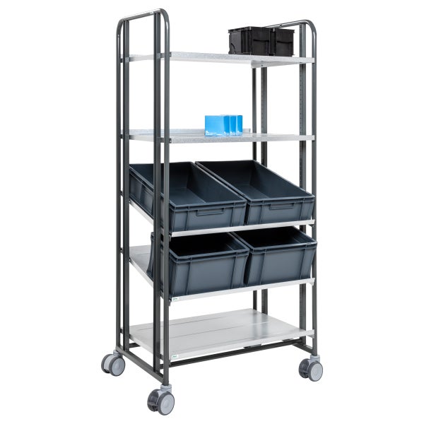 Rollregal mit vier Ablageflächen und mehreren Lagerboxen