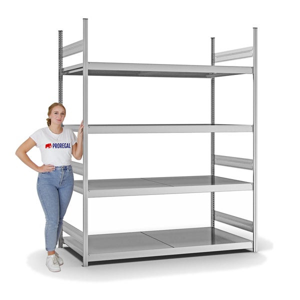 PROREGAL Weitspannregal Stecksystem T-Profil Grundregal HxBxT 250x200x80 cm 4 Ebenen Stahlplatten Fachboden Fachlast 350 kg Verzinkt