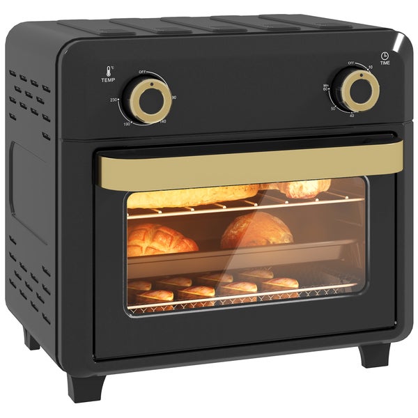 Schwarzer Minibackofen mit goldenen Griffen und Drehreglern für Temperatur und Zeit, Innenraum mit Backwaren beleuchtet.