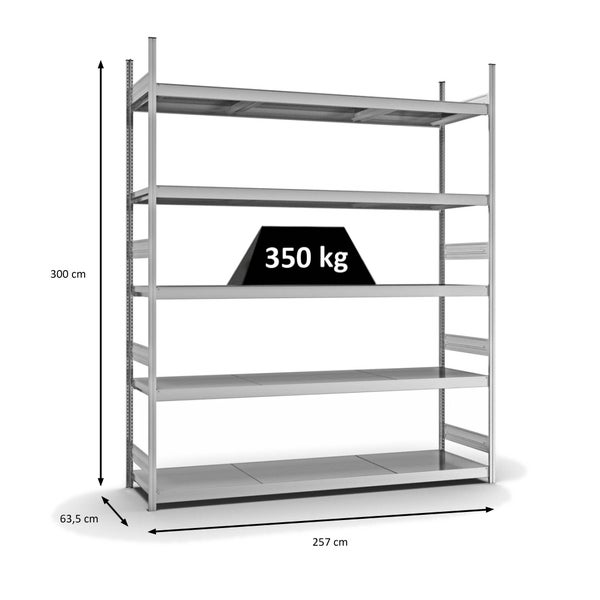 PROREGAL Weitspannregal Stecksystem T-Profil Grundregal HxBxT 300x250x60 cm 5 Ebenen Stahlplatten Fachboden Fachlast 350 kg Verzinkt