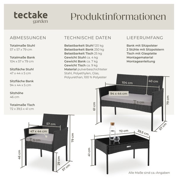 Rattan Gartenset tectake Palese Sofa 250 kg, je Sessel 120 kg für 4 Personen schwarz