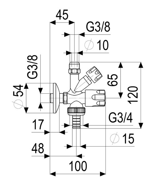 Maßzeichnung eines Kombi-Eckventils mit Anschlüssen G 3/8 und G 3/4 sowie Detailmaßen in Millimeter.