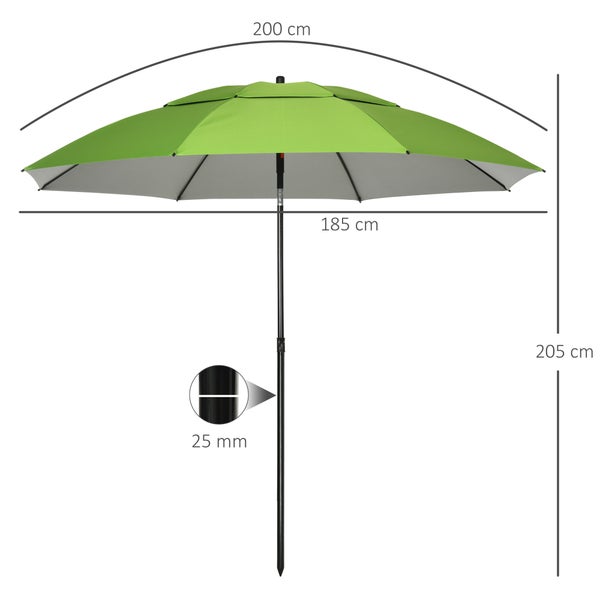 Outsunny Sonnenschirm, Ø185 cm Strandschirm mit UV-Schutz, Marktschirm mit Doppeldach, 8 Streben, Terrassenschirm mit Tasche für Garten, Balkon, Stahl, Grün