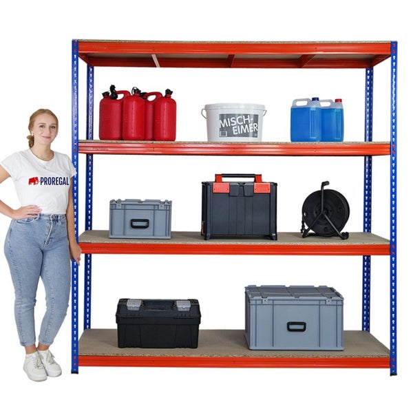 PROREGAL Profi Schwerlastregal Bison HxBxT 200 x 200 x 60 cm 4 Spanplatten-Ebenen 16mm Fachlast 600 kg Blau-Orange