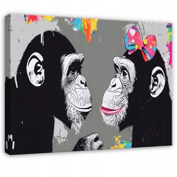 Wandbild auf Leinwand mit zwei Schimpansen im Street Art Stil und bunten Farbspritzern.