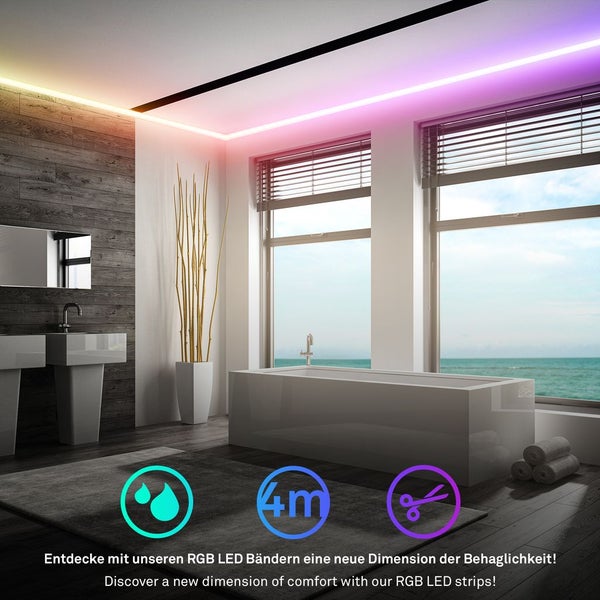 RGB LED Streifen im Badezimmer an der Decke montiert, 4 Meter lang, wasserfest und individuell kürzbar.
