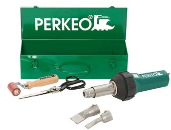 Perkeo Dachdecker Werkzeugset im Metallkasten mit Heißluftföhn Andrückrolle Schere und Aufsätzen für Dacharbeiten