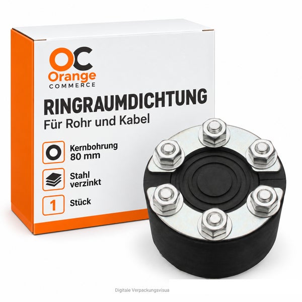 Ringraumdichtung für Rohr und Kabel mit 80 Millimeter Kernbohrung aus verzinktem Stahl vor Produktverpackung von Orange Commerce