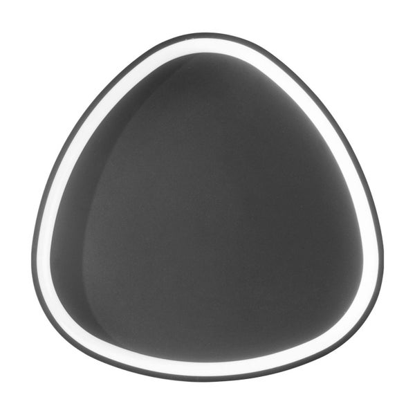 Dreieckige LED-Deckenleuchte mit abgerundeten Ecken, schwarzer Front und umlaufendem Lichtrand.