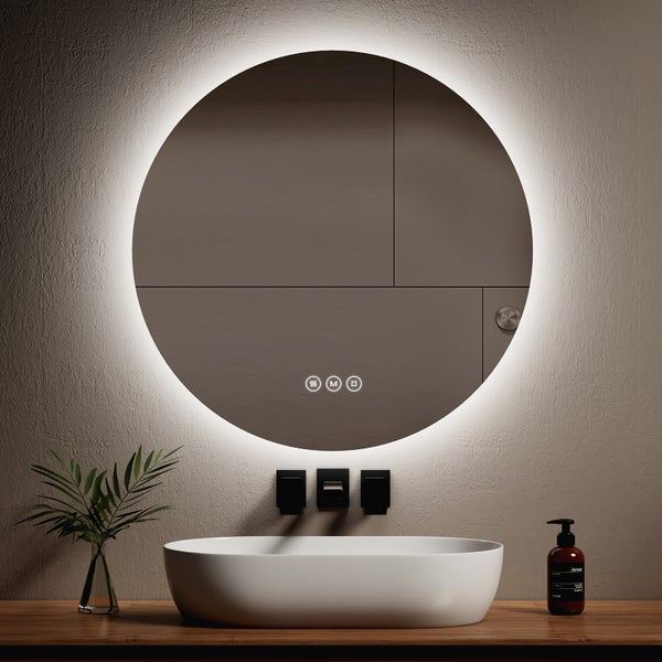 EMKE Badspiegel mit Beleuchtung ф80cm, rund, Touchschalter, Anti-Beschlag, 3 dimmbare Lichtfarben, 5mm rostfreier Spiegel, mit separatem Funktionsschalter, Für Ihr Badezimmer