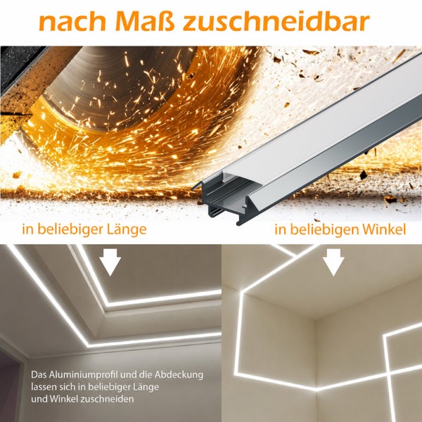 LED Aluminiumprofil mit Abdeckung individuell zuschneidbar fuer Eck oder Wandmontage mit Lichteffekten im Innenraum