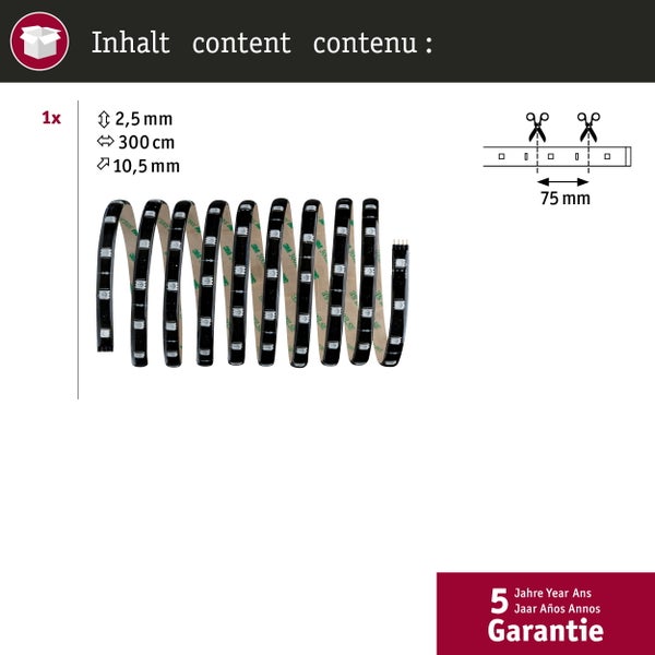 Schwarzer LED-Streifen, Länge 300 Zentimeter, Breite 10,5 Millimeter, Höhe 2,5 Millimeter, alle 75 Millimeter kürzbar, 5 Jahre Garantie.