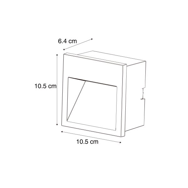 Technische Zeichnung einer quadratischen Wandeinbauleuchte mit den Maßen 10,5 cm mal 10,5 cm mal 6,4 cm.