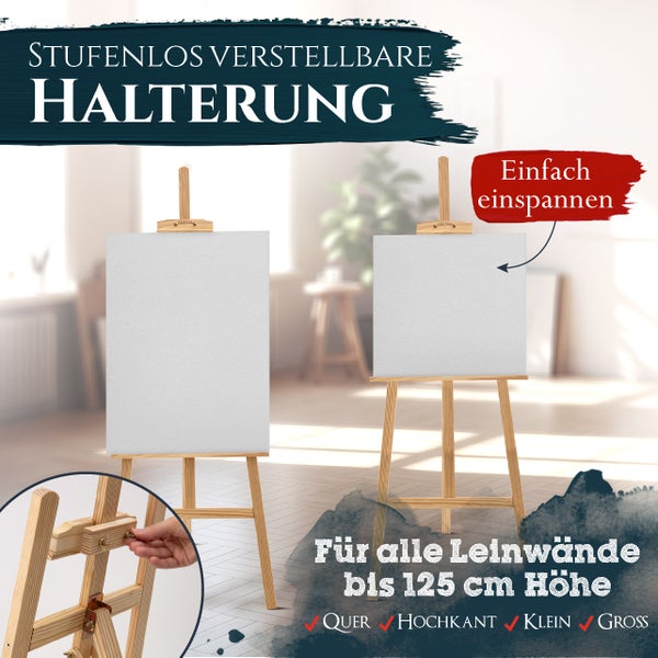 Dreibeinstaffelei aus Holz von Artina mit verstellbarer Leinwandhalterung, einmal leer und einmal mit einem Blumengemälde auf Leinwand.