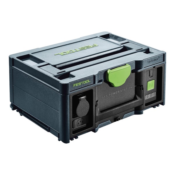 Festool SYS-PowerStation im Systainer Gehäuse mit Steckdosen und Ladeanschlüssen für die mobile Energieversorgung.
