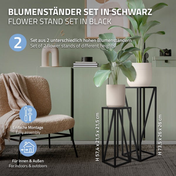 ML-Design Blumenständer 2er Set, Schwarz, 21,5x21,5x57,4 cm/26x26x73,5 cm, Stahl, Metallgestell Pflanzenständer, Blumentopfhalter 2-tlg, Blumentopfständer hoch, Blumenhocker Pflanztopf Deko Satztisch