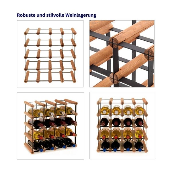 PROREGAL Modulares Weinregal Vinotega Mod Metal HxBxT 42,5 x 42,5 x 24,5 cm 4 x 4 Flaschen Massives Kiefernholz Braun Geölt